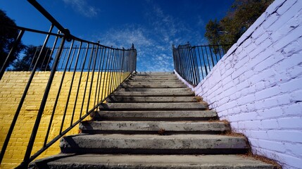 Stairway ascending between colorful walls, sunny day, urban scene, reaching towards blue sky. Possible architecture or background use