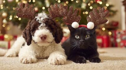 Fototapeta premium Christmas dog and cat with reindeer antlers, festive by a Christmas tree, copy space