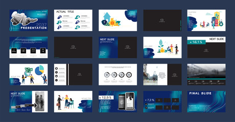 Business presentation, start, infographic design template with blue elements, white background. A team of people creates a city business. Financial work in a team. Use of flyers in marketing