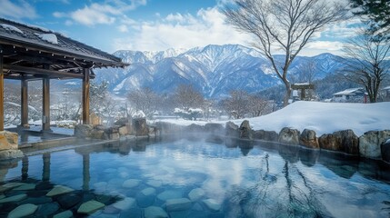 Snowy onsen with mountain view in winter
