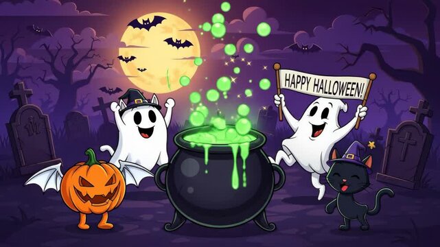 Happy Halloween Celebration with Animated Characters - A colorful cartoon illustration depicting a Halloween celebration.