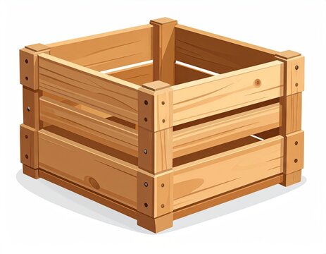 Illustration of an Empty Rustic Wooden Square Crate with Visible Wood Grain and Nail Heads on a White Background
