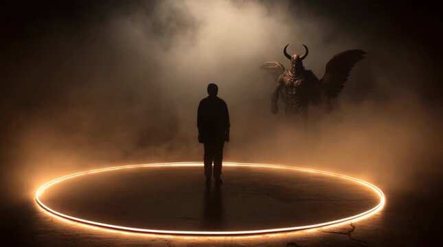 A man stands inside an orange glowing circle on the ground, facing a large winged demon figure in a smoky, dimly lit environment, creating a mysterious and dramatic scene.
