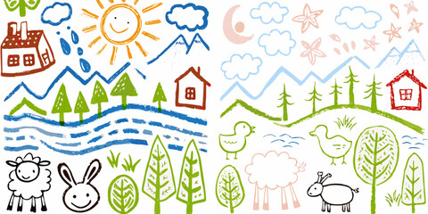 Charming hand drawn childrens illustration of a whimsical landscape with animals houses and nature elements