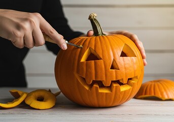 Carving a Halloween Pumpkin with a Knife.