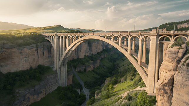 Majestic double concrete arch bridge spanning a lush green canyon under a sunset sky
