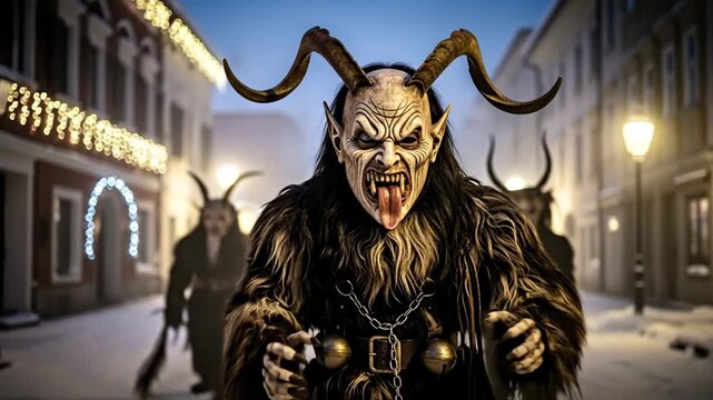Krampus Parade: Creepy Demon Mask in December - A close-up of Krampus, a traditional alpine folk figure, wearing a detailed, terrifying mask with large horns and an exposed tongue.