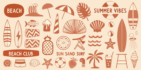 Collection of summer beach elements and icons with tropical vibes and beach club text