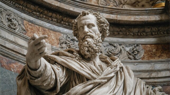 Statue of bearded man pointing in Rome, marble interior, historic art background; illustration