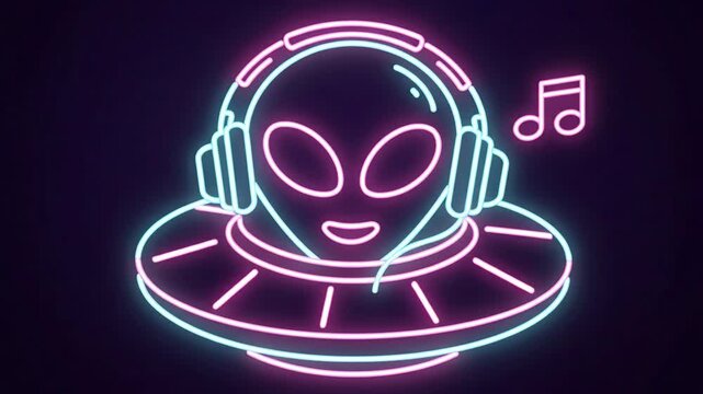 Neon Alien Listening to Music - A neon illustration depicts an alien wearing headphones and listening to music. The video showcases a glowing, futuristic design with a UFO and music note elements.
