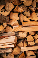 Close-up of neatly stacked firewood, highlighting diverse shapes and textures for cozy nights