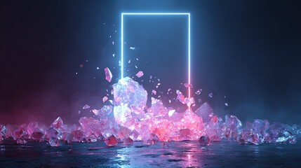 Abstract scene of shattered geometric forms rising toward a glowing rectangular portal on a dark backdrop