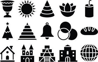 Black and white icon set with holiday, house, church, castle, tree, sun, lotus, bread, bell, drink, globe symbols