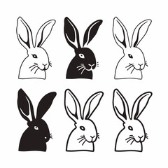 Fototapeta premium Six cute rabbits, in black and white, in a hand drawn cartoon style vector