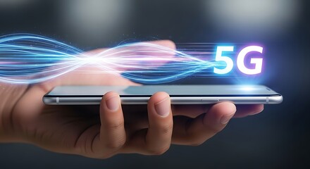 A hand holds a smartphone displaying the 5g symbol, illuminated by a stream of light, representing the next generation of mobile technology and highspeed wireless communication