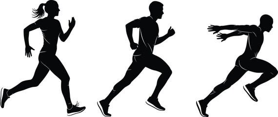 Running silhouette sequence, jogging to sprinting, athletic motion, black figures, exercise progression, vector illustration, white background, fitness movement concept