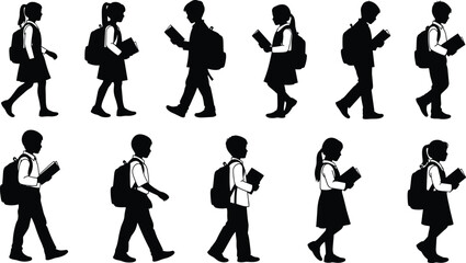 School children silhouette, walking with backpacks, student group, black figures, education routine, vector illustration, white background, youth activity, learning theme