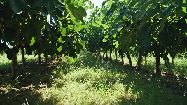 Lush Green Fig Orchard: A Serene Walk Through Nature's Bounty and Sunlight