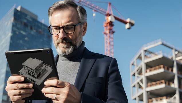 Male civil engineer tablet building site inspection