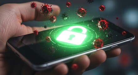 A hand holding a smartphone with a digital lock icon surrounded by virus particles, representing cybersecurity threats, data protection, and the importance of online safety