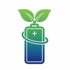 Eco-friendly battery with green leaves sprouting from the top, symbolizing sustainable and renewable energy.