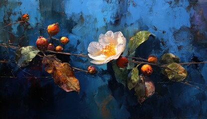 Painting of a flowering branch with leaves & fruit, set against a deep blue, textured background