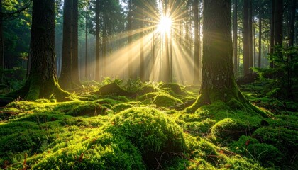 Fototapeta premium Morning sunlight streams through the lush green forest, illuminating a natural path among the trees and ferns