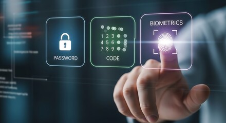 Naklejka premium A finger touching a biometric authentication screen with password, code, and fingerprint options, representing secure access, identity verification, and modern technology solutions