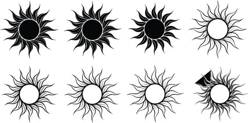 Stylized sun sequence, abstract pattern puzzle, black and white illustration, vector art, cognitive test concept, white background, visual logic design