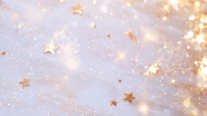Sparkling golden stars and glitter on light background for festive decoration design