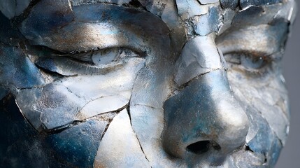 A  image captures the serene face of a sculpture, revealing detailed textures and a contemplative gaze; the artwork is crafted from fragmented, metallic materials, displaying shades of blue and...