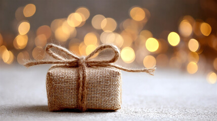 Burlap wrapped present tied with twine. Sitting on a concrete surface. Creating a simple. Handmade aesthetic against a warm bokeh background. Representing holidays. Celebrations. And thoughtful giving