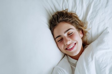 A smiling woman lies in a bed, eyes closed, appearing peaceful and content under soft white linens