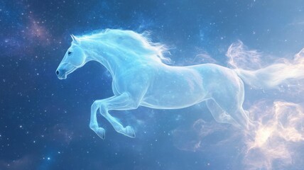 Fototapeta premium Dreamlike celestial horse galloping through a starry sky in an ethereal fantasy scene