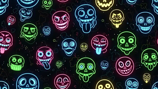 Neon Skull Halloween Background - A vibrant and seamless background featuring a pattern of cartoon skulls with neon outlines and glowing colors.