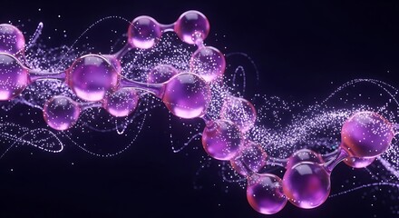 Molecular Structure - Purple Spheres with Particle Trails on Dark Background.