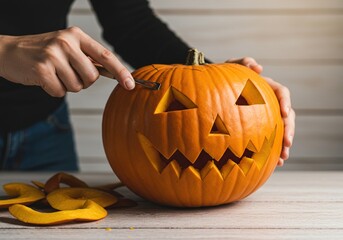 Carving a Jack-o-Lantern - Halloween Pumpkin Preparation.