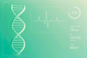 Medical diagnostic hologram, futuristic health data interface, dna and heartbeat graph