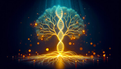 DNA tree of life 3d render, conceptual biology, glowing roots and branches