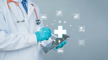 Doctor wearing gloves and pressing virtual interface with digital health icons, cross symbol, stethoscope, heart rate and medical symbols. Online medicine concept, telemedicine.