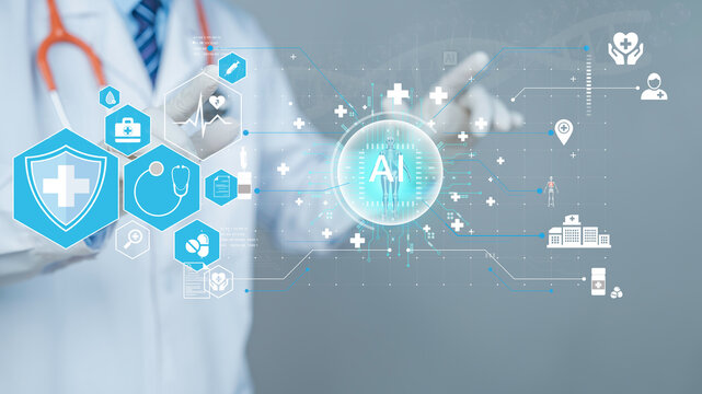 Doctors use AI medical interfaces with digital diagnosis, patient health monitoring, future healthcare technology, virtual HUD system, intelligent data analysis. - Powered by Adobe