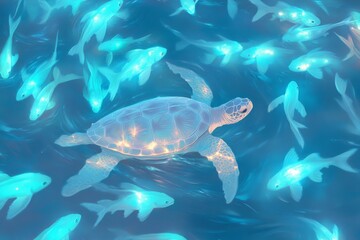 Obraz premium Enchanting marine scene with turtle and glowing fish underwater