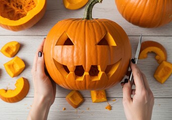 Carving a Spooky Pumpkin for Halloween Celebration.