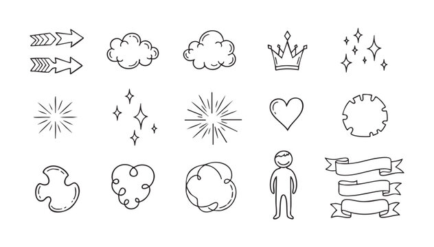 Naklejki Line icon cute element set. Doodle line color icon decorative arrow, cloud, crown, sparkle and flower. Hand drawn heart, sketchy figure, funny outline and cartoon ribbon for kids. Vector illustration
