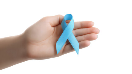 Hand displaying a blue ribbon for diabetes awareness, created AI, PNG