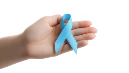 Hand displaying a blue ribbon for diabetes awareness, created AI, PNG