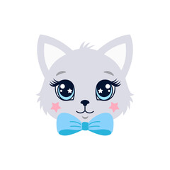Cute gray kitten face illustration with a blue bow tie, big blue  eyes, and pink star cheeks. Perfect vector for boys' clothing and nursery decor.