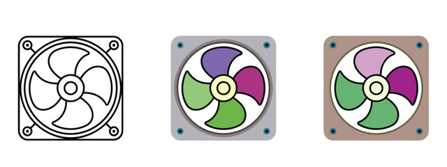 RGB Cooling Fan Vector Icon Set. Includes outline, flat color, and detailed versions of a computer case fan, ideal for PC hardware, gaming, technology, and electronics design.