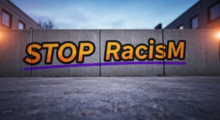 STOP Racism" graffiti art on concrete wall against a blurred urban backdrop