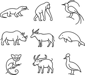 Wild Mammals & Coastal Birds Line Icons — Gorilla, Otter, Goat, Buffalo, Koala, Pelican